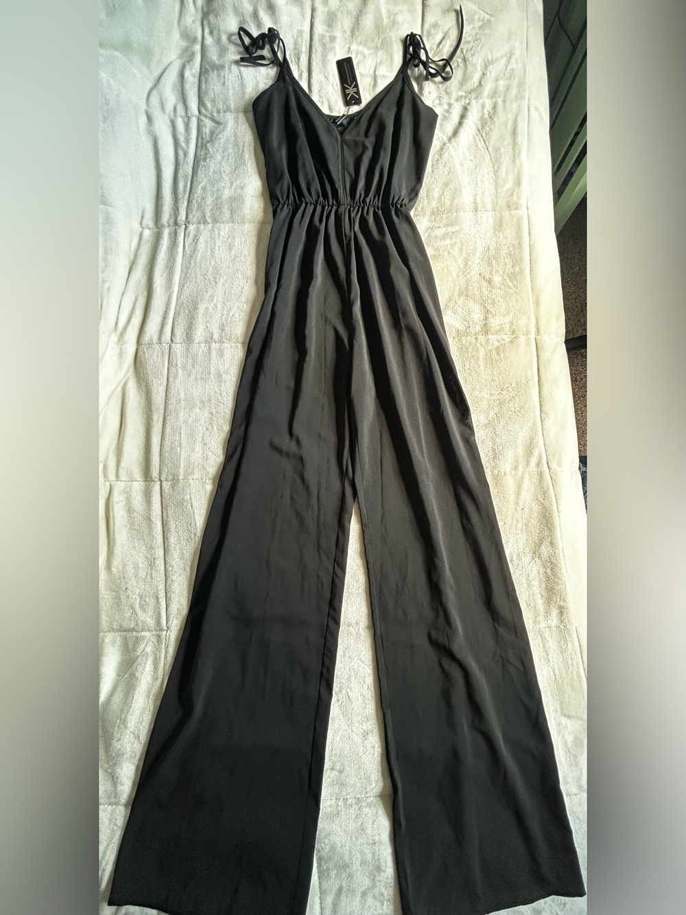 NWT Kardashian Kollection Black Wide-Leg Jumpsuit with Tie Straps
